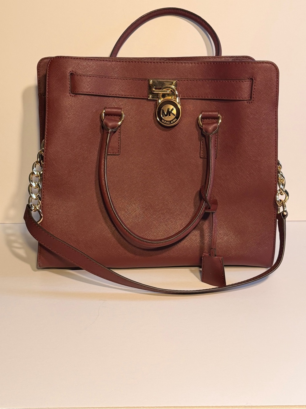 Michael Kors Burgundy Saffiano Leather Satchel with Gold Hardware